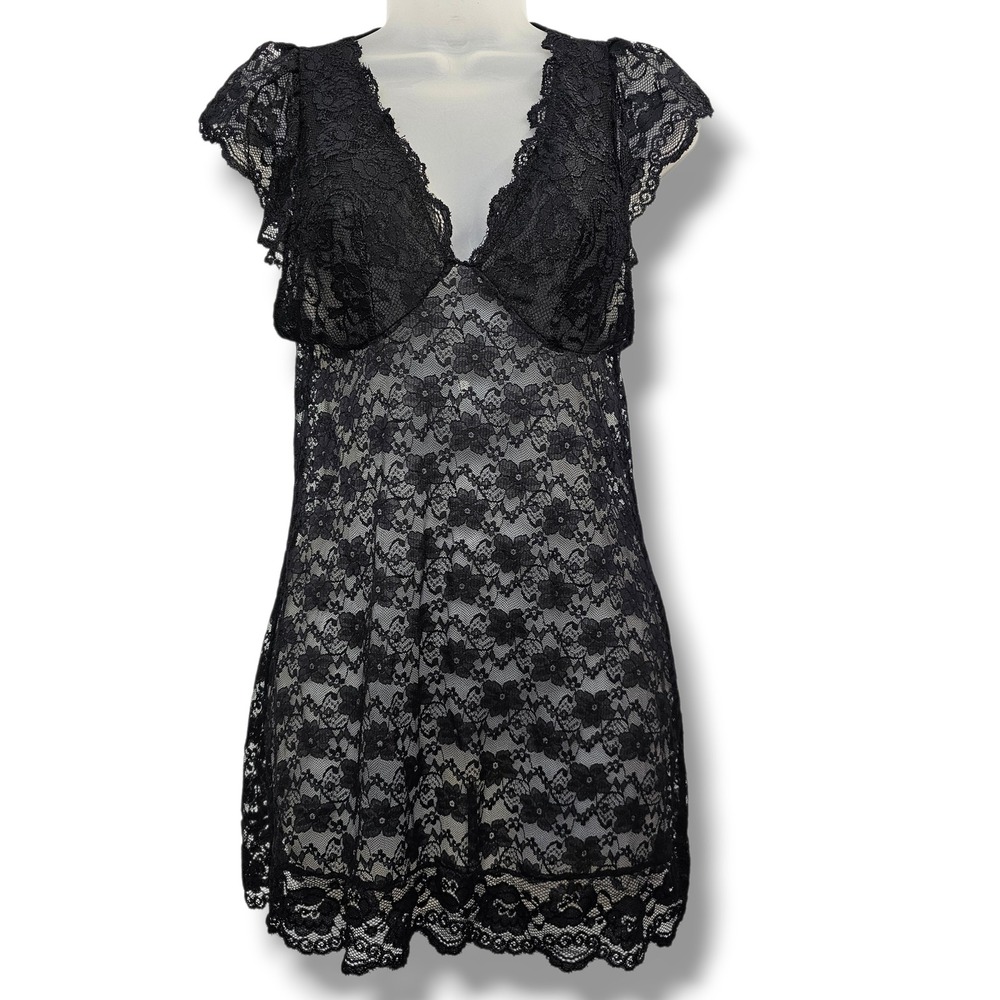Just Sexy Lingerie Lace Babydoll Chemise Slip Dress M Black Sheer Goth Alt Fairy